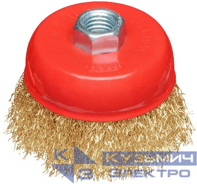 Корщетка-чашка гайка М14 стальная латунированная волнистая проволока 75мм блистер КУРС 39092