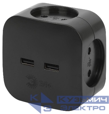 Разветвитель электрический SP-4-USB-B на 4 розетки 220В+ 2xUSB 2400мА без заземл 10А черн. Эра Б0049536