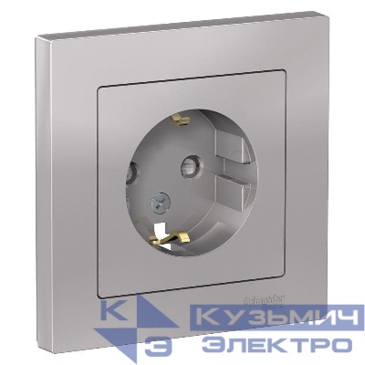 Розетка 1-м СП AtlasDesign 16А IP20 с заземл. защ. шторки в сборе алюм. SE ATN000344