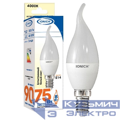 Лампа светодиодная ILED-SMD2835-CW37-8-720-230-4-E14 8Вт CW37 свеча на ветру 4000К нейтр. бел. E14 230В IONICH 1637