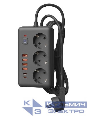 Удлинитель с сетевым фильтром 3х3м 10А 4USB + 2USBC 2500Вт ПВС 3х1 прямоуг. черн. КОСМОС FKsm3m-3gPF(B)USB