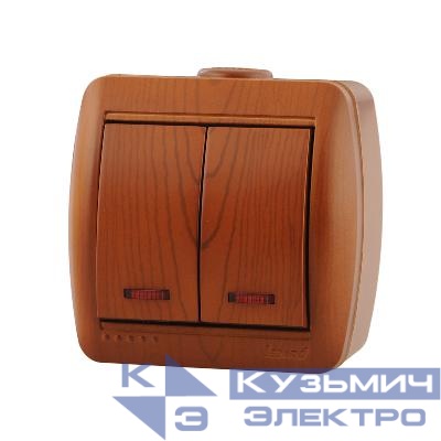 Выключатель 2-кл. ОП Nata 10А IP20 с подсветкой сосна LEZARD 710-0800-112