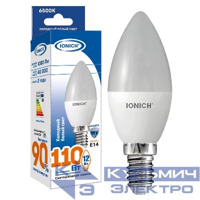 Лампа светодиодная C37 12Вт свеча 6500К E14 230В IONICH 1635