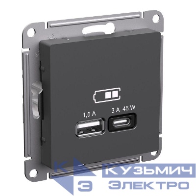 Розетка USB AtlasDesign тип A+C 45Вт высокоскор. ЗУ QC PD механизм базальт SE ATN001429