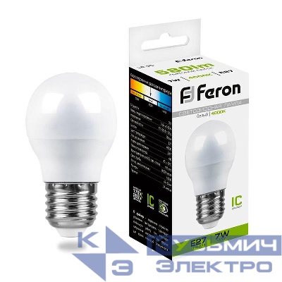 Лампа светодиодная LB-95 7Вт G45 шар 4000К E27 230В FERON 25482