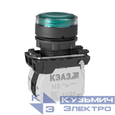 Кнопка КМЕ4611мЛ-24В-зеленый-1но+1нз-цилиндр-индикатор-IP65 КЭАЗ 291156
