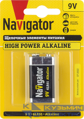 Элемент питания алкалиновый "крона" 6LR61 94 756 NBT-NE-6LR61-BP1 (блист.1шт) Navigator 94756