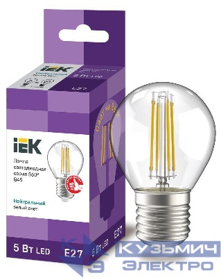 Лампа светодиодная филаментная 360° 5Вт G45 шар прозрачная 4000К нейтр. бел. E27 230В IEK LLF-G45-5-230-40-E27-CL