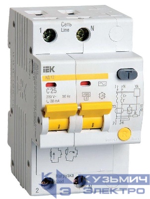 Выключатель автоматический дифференциального тока 2п C 25А 30мА тип AC 4.5кА АД-12 KARAT IEK MAD10-2-025-C-030