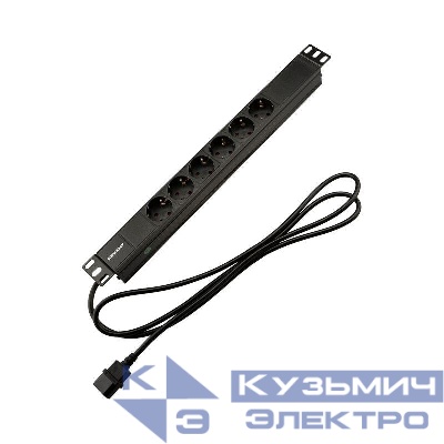 Блок распределения питания PDU 6 розеток СЕЕ 7/4 Schuko 10А без выкл. вилка C14 горизонт. шнур 2м корпус алюм. Rexant 04-0301-1