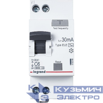 Выключатель автоматический дифференциального тока 2п (1P+N) C 6А 30мА тип AC 6кА RX3 Leg 419396