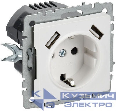 Розетка BRITE РЮш10-1-БрАБ 16А с USB A+A 2.1А с заземл. защ. шторки механизм арктич. бел. IEK BR-R14-16-U21-D21-K91