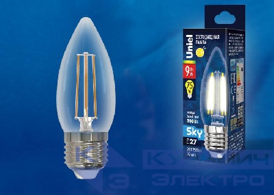 Лампа светодиодная LED-C35-9W/3000K/E27/CL PLS02WH Sky прозр. картон Uniel UL-00005162