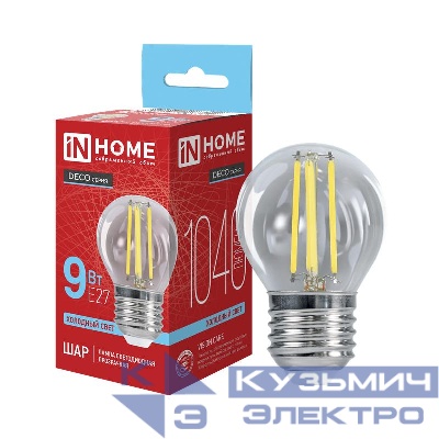 Лампа светодиодная LED-ШАР-deco 9Вт шар прозрачная 6500К E27 1040лм 230В IN HOME 4690612067049