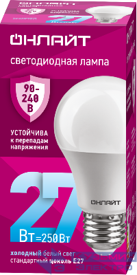 Лампа светодиодная 90 408 OLL-A60-27-230-6.5K-E27 27Вт грушевидная 6500К E27 90-240В PRO ОНЛАЙТ 90408