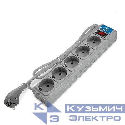 Удлинитель с сетевым фильтром 5х3м с заземл 10А IP20 2.2кВт ПВС 3х1 с выкл. сер. DOMTOK 2533