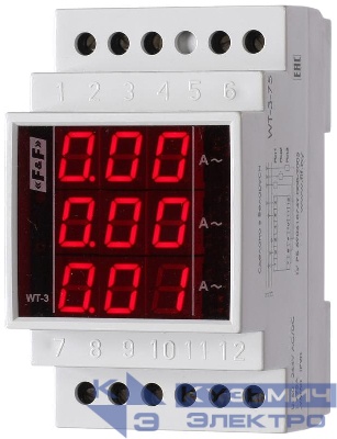 Указатель тока WT-3 (трехфазный; 0-20А; цифровая индикация; монтаж на DIN-рейке 35мм 50-264В AC/DC IP20) F&F EA04.008.006