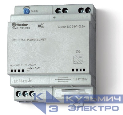 Источник питания импульсный вход 110...240В AC / выход 24В DC 60Вт модульный 70мм предохранитель входой цепи настройка выходного напряжения зарядка аккумуляторов IP20 FINDER 786112302403