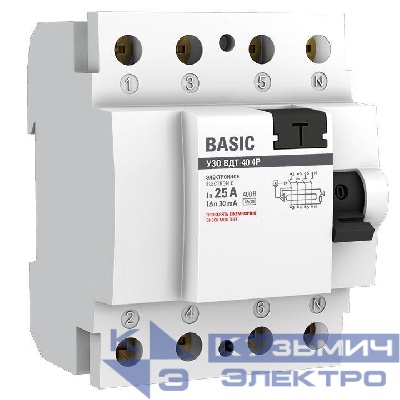 Выключатель дифференциального тока (УЗО) 4п 25А 30мА (электрон.) Basic EKF elcb-4-25-30e-sim