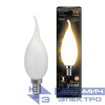 Лампа светодиодная филаментная Black Filament 5Вт свеча на ветру матовая 2700К тепл. бел. E14 420лм GAUSS 104201105