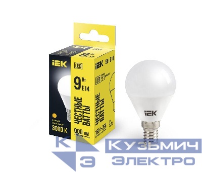 Лампа светодиодная G45 9Вт шар 3000К E14 230В IEK LLE-G45-9-230-30-E14