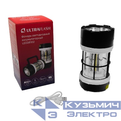 Фонарь аккумуляторный LED38102 LED+3COB 5 реж. Micro-USB PowerBank пластик коробка черн./бел. Ultraflash 15952