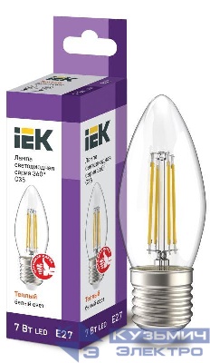 Лампа светодиодная филаментная 360° 7Вт C35 свеча 3000К E27 230В прозр. IEK LLF-C35-7-230-30-E27-CL