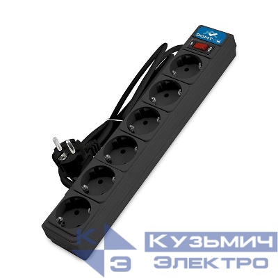 Удлинитель с сетевым фильтром 6х1.8м с заземл 10А IP20 2.2кВт ПВС 3х1 с выкл. черн. DOMTOK 2521