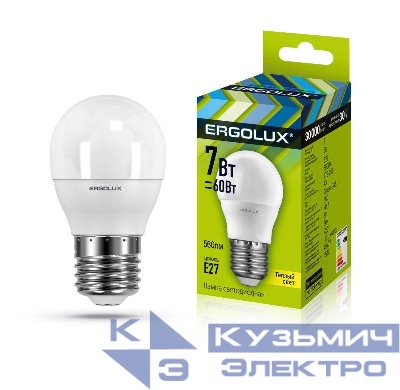Лампа светодиодная LED-G45-7W-E27-3000K 172-265В "Шар" Ergolux 12143