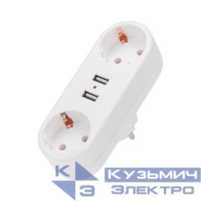 Двойник электрический линейный 16А с/з+2 USB-порта 2.4А бел. Rexant 11-1090
