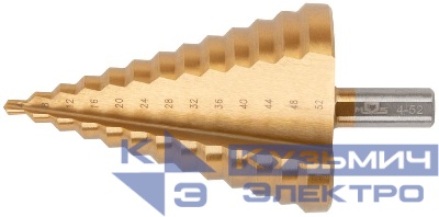 Сверло ступенчатое HSS по металлу 13 ступеней 4-8-12-16-20-24-28-32-36-40-44-48-52мм MOS 36387М