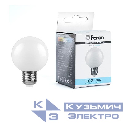 Лампа светодиодная LB-371 3Вт G60 шар матовая 6400К E27 230В FERON 25902